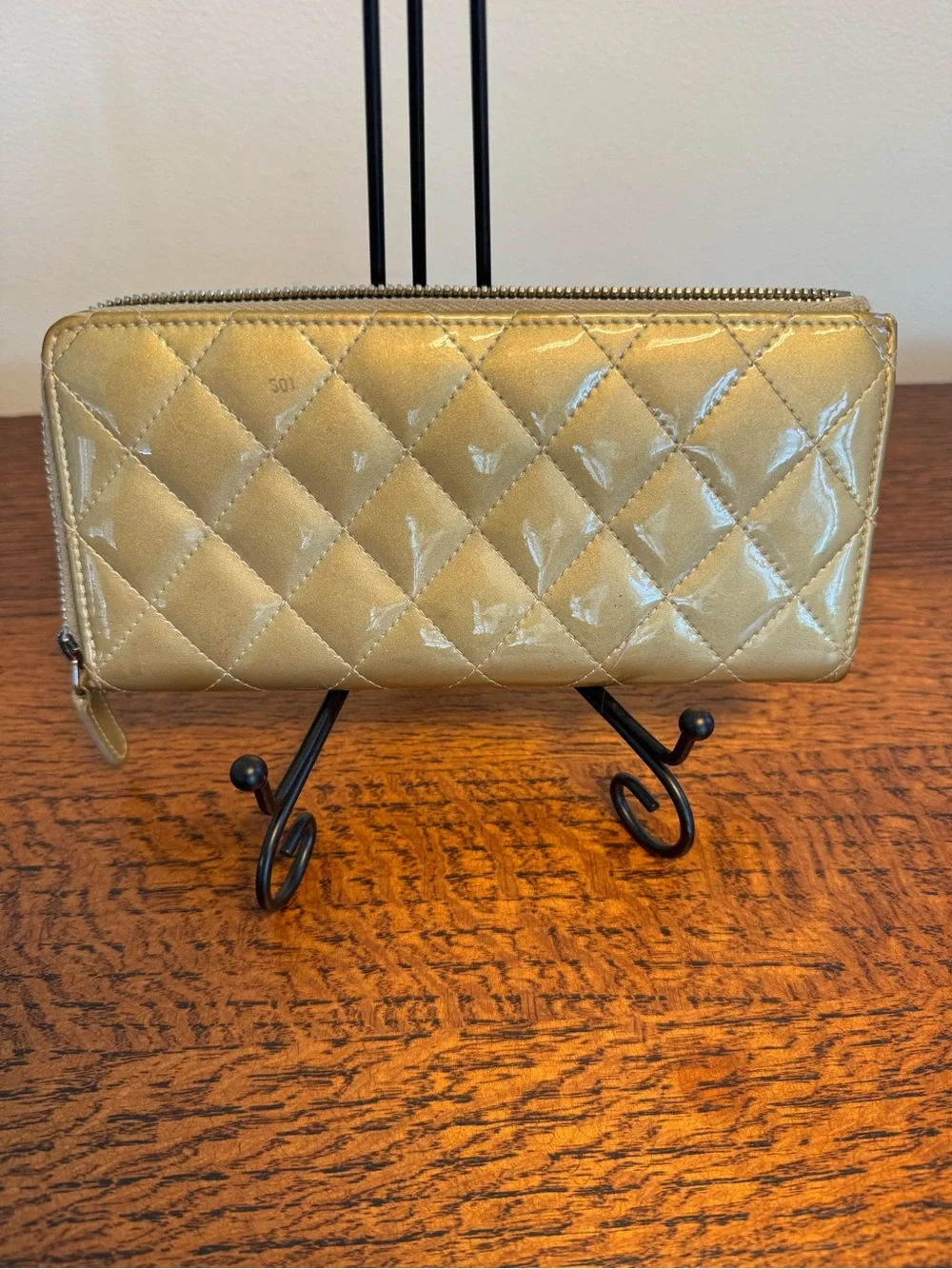 CHANEL Metallic Gold Quilted Patent Leather Zippy Long Wallet w/COA